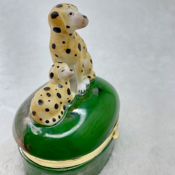Vintage Fitz and Floyd Spotted Dalmatian Dogs Trinket Box Green Porcelain 1985 - Picture 6 of 11